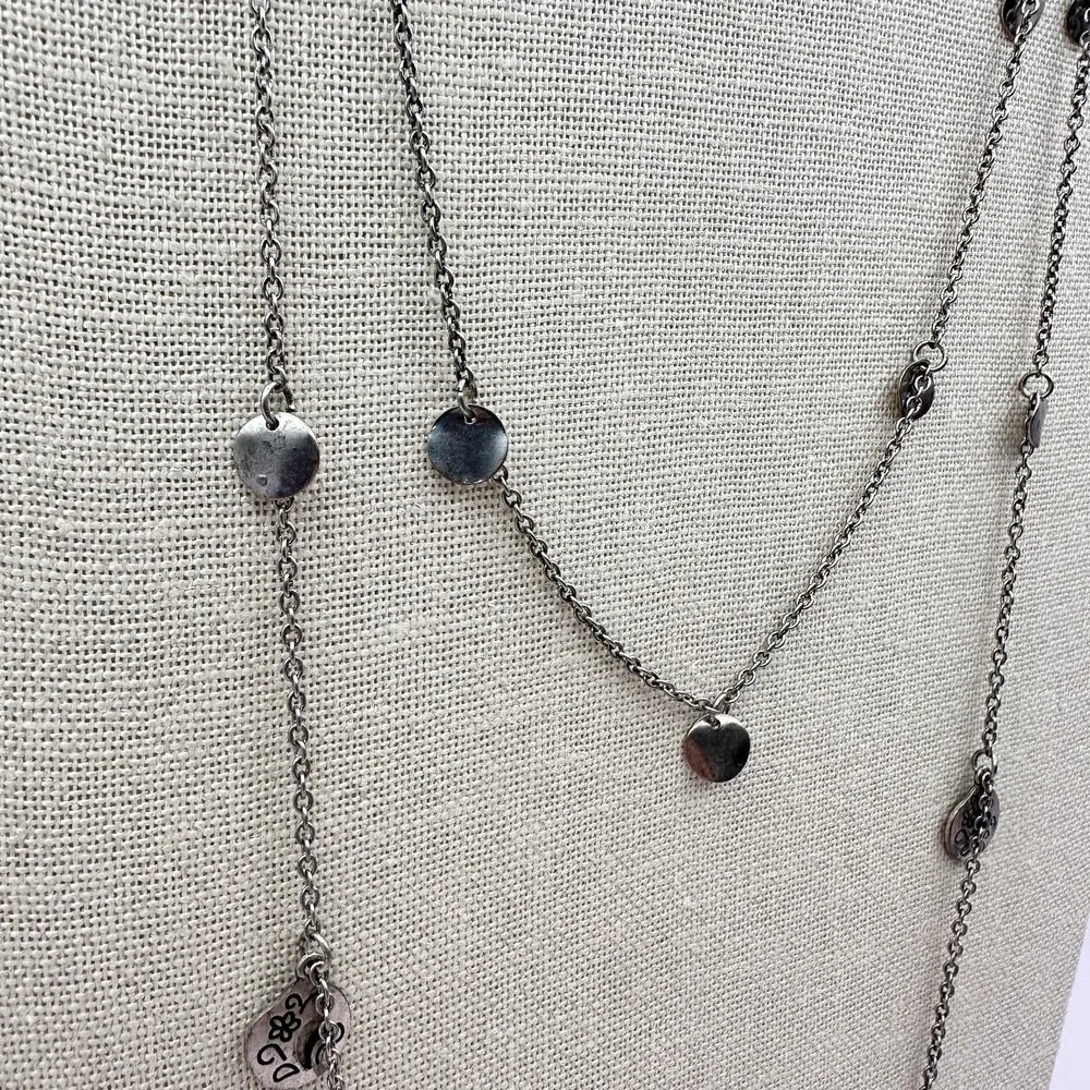 Vintage 90s Multi Strand Layered Necklace Silver Tone Hearts Disk Charms Jewelry